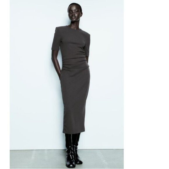 Zara Slate Brown Ruched Waist Short Sleeves Midi Dress, NWT, M - Picture 1 of 16